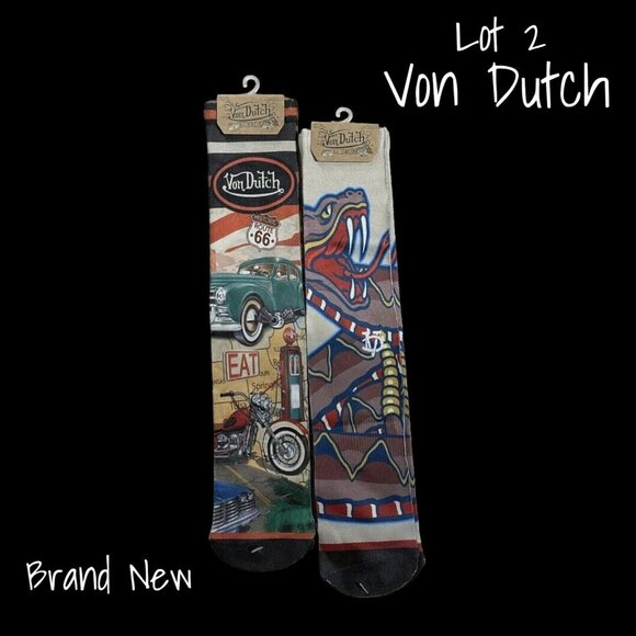 Von Dutch Other - Von Dutch Men's Socks Size 6-12 Route 66 & Rattlesnake Sublimated Print X 2  New